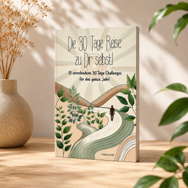 Buchcover mit dem Titel „Die 30 Tage Pause zu Dir selbst“ und grünen Pflanzenmotiven.