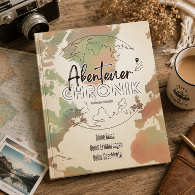 Einmaliges Cover eines Reiseführers mit Weltkarte und Kaffeetasse auf einem Holztisch.