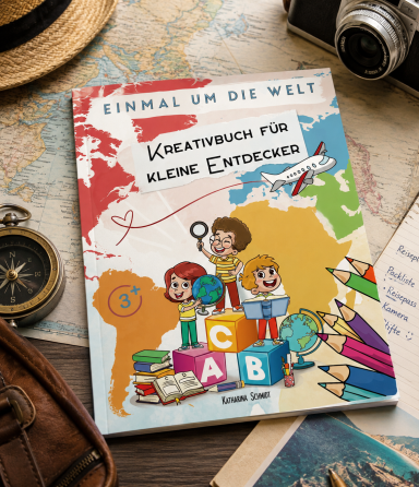 Ein Buchcover mit Kindern, Weltkarte, Buntstiften und einer Kamera im Hintergrund.