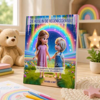 Buchcover mit buntem Regenbogen, Mädchen und Junge halten Händchen, im Hintergrund ein Teddybär.