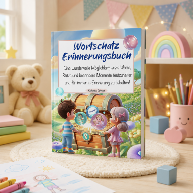 Buntes Erinnerungsbuch mit Kindern und Illustrationen, um Erinnerungen festzuhalten.