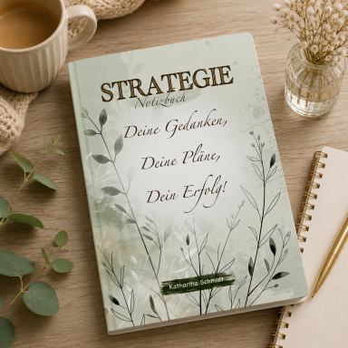 Ein Notizbuch mit dem Titel "Strategie" und Pflanzenmotiven auf einem Holztisch.