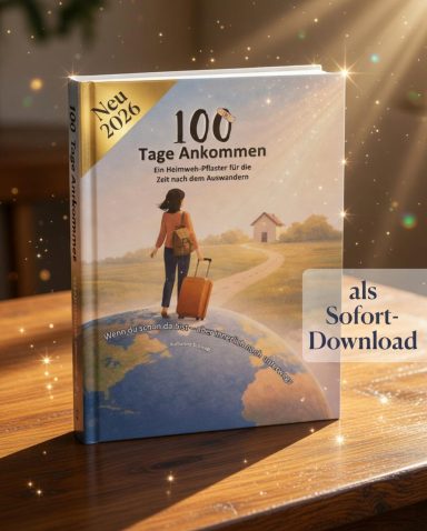 Buchcover: Frau mit Koffer auf einer Weltkugel, Weg zu einem Haus im Hintergrund.