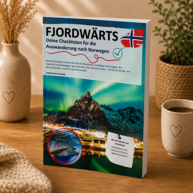 Buchcover mit dem Titel "Fjordwärts" und einem Bild von Nordlichtern und Landschaft.