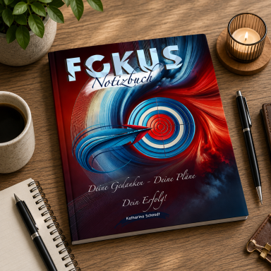 Buch mit dem Titel "Fokus Mentalität" auf einem Tisch, umgeben von Kaffeetasse und Schreibutensilien.