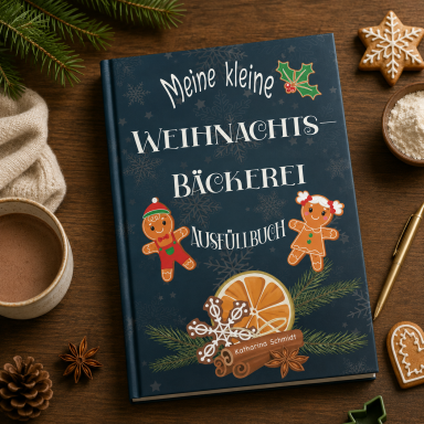 Ein Kochbuch für Weihnachtsgebäck mit Lebkuchenfiguren und orangefarbenen Scheiben.