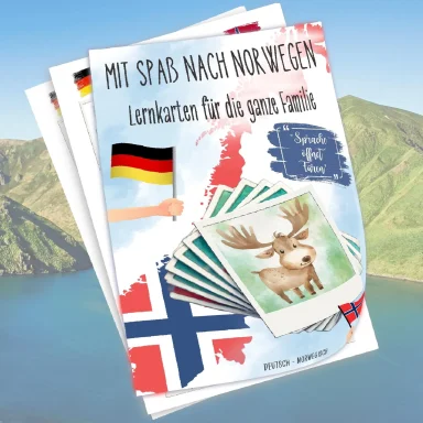 Bunte Lernhefte mit Motiven aus verschiedenen Ländern, darunter Deutschland und Norwegen.