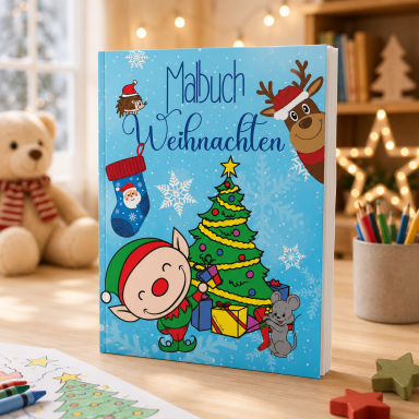 Ein buntes Weihnachtsbuch mit einem Elf, Weihnachtsbaum und niedlichen Weihnachtsfiguren.
