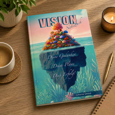 Buchcover mit dem Titel "VISION" und farbenfrohen Elementen auf einem Wasserhintergrund.