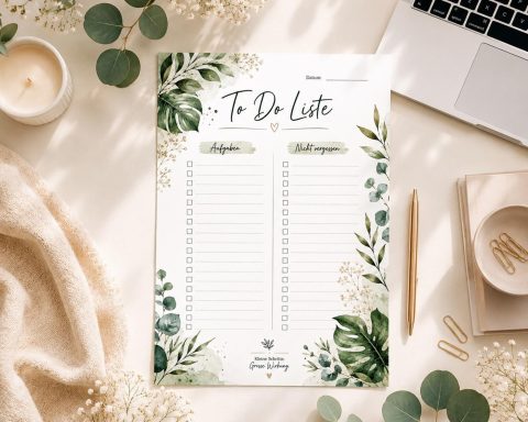 To-do-Liste auf floral gestaltetem Papier, umgeben von Dekor und Schreibutensilien.