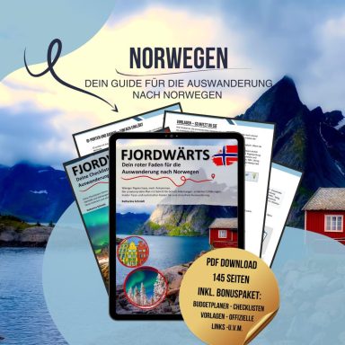 Flyer für Reisen nach Norwegen mit Informationen zu Fjorden und Auswanderung.