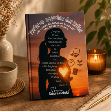 Buchcover mit einer schwangeren Frau vor einem Sonnenuntergang, dekoriert mit Symbolen.