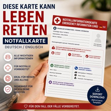 Notfallkarte mit lebensrettenden Informationen in Deutsch und Englisch.